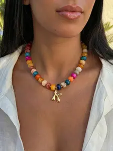 Multicolor Resin Bead Initial Necklace, Letter Charm Choker for Women, Summer Beach Vacation Jewelry, 1pc Fashion Accessory