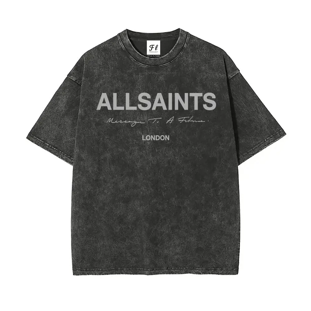 Men's Cotton Short-Sleeve Round Neck Graphic Print Tee - Minimalist Vintage Washed Oversized Male Streetwear, "Message To A Future" London Slogan, Casual Daily Sports Top