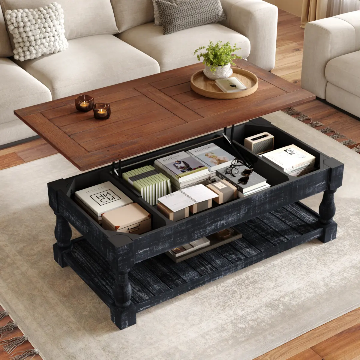 Retro Rectangular Lift-Top Coffee Table with Easy Lift, 47x23 in, Hidden Compartment & Hidden Shelves, Lower Shelf, Storage for Living Room, Espresso & Weathered Black Finish - Aobtkel Indoor Furniture