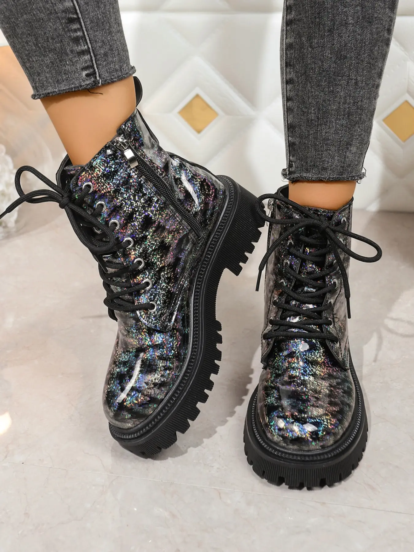Women's Glossy Leopard Print Short Boots, Thick Sole Heel, Adjustable Laces & Side Zipper, Perfect for Fall/winter Fashion