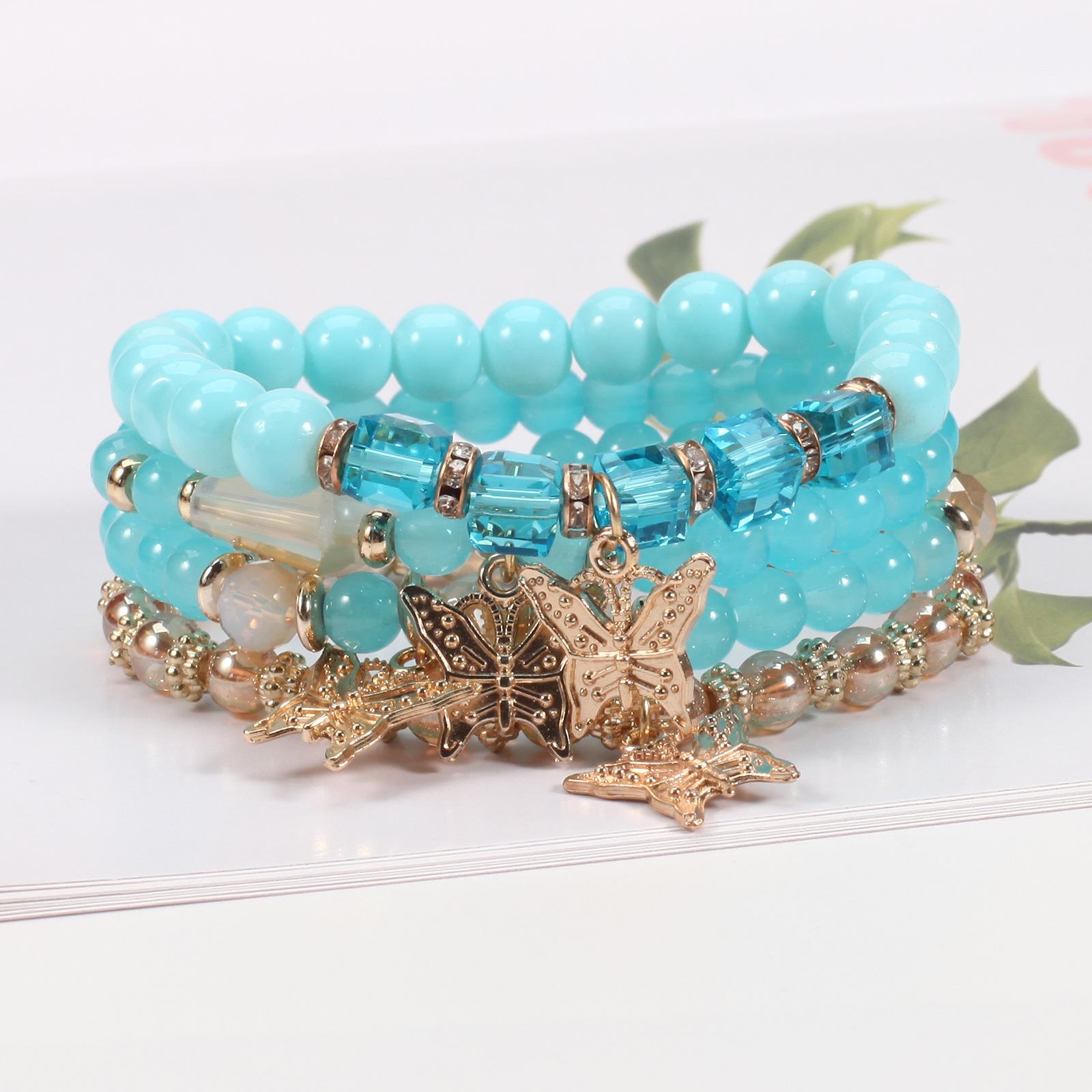 Bohemian Multi-Layer Butterfly Hoisting Bracelet Handmade Beaded 4 Pieces Set Artificial Crystal Glass Diamond Bracelet Daily Wear Unisex Fashion Jewelry