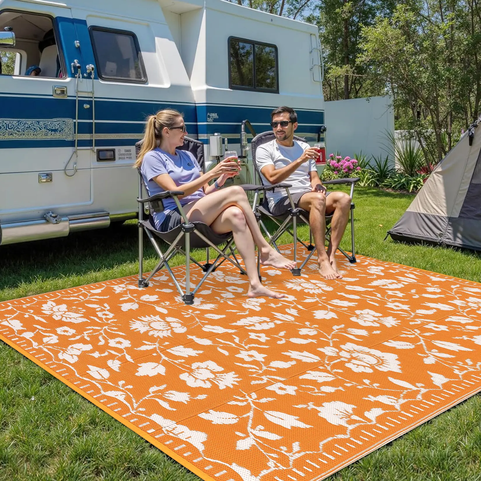 Waterproof Reversible Outdoor Rug – Modern Floral Plastic Straw Mat, Lightweight, Collapsible & Washable Patio Carpet, UV Resistant for Patio, Deck, Porch, Balcony, RV, Camper, Picnic, Beach, Garden-5X8FT