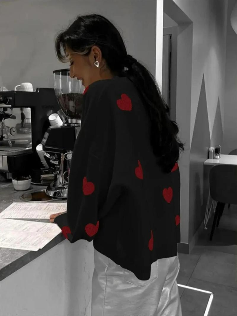 Women's Loose Fit Heart Pattern Drop Shoulder Sweater, Casual Long Sleeve Round Neck Knit Top for Spring & Fall, Fashion Ladies' Knitwear for Daily Wear
