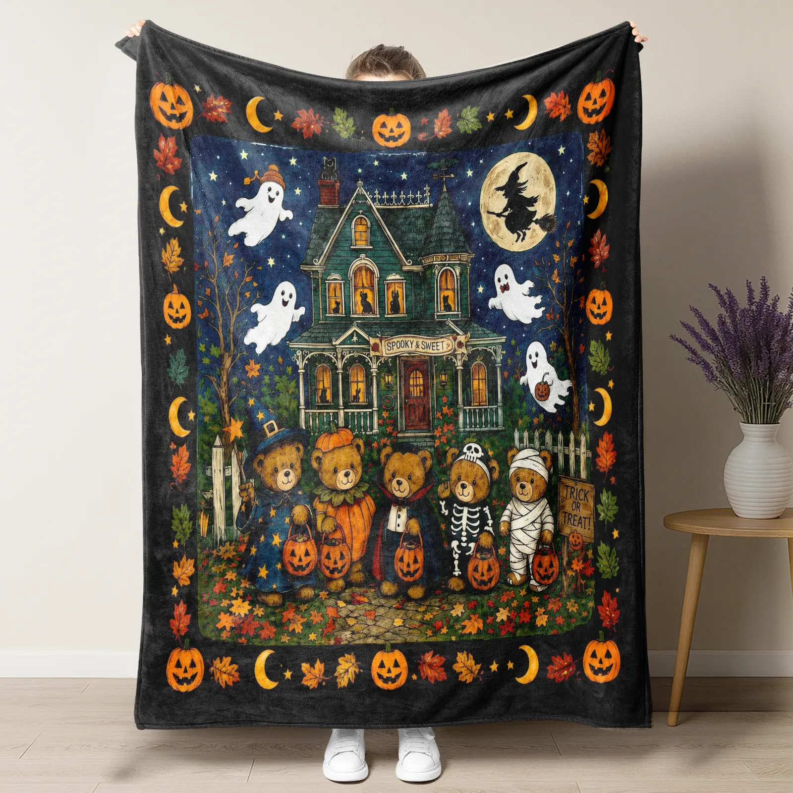 Vintage Halloween Haunted House Teddy Bear Trick or Treat Throw Blanket, Cute Ghost Witch Moon Pumpkin Border Autumn Fleece Blanket, Spooky Sweet Fall Cozy Blanket for Halloween Home Decor