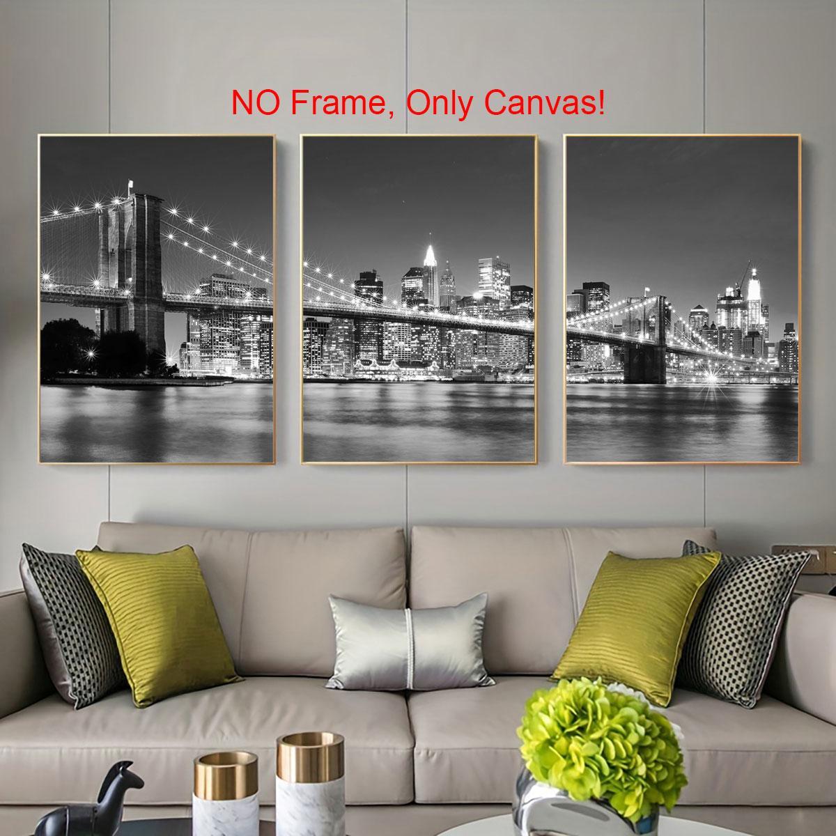 City Night Bridge Pattern Canvas Poster Cityscape Print without Frame, 3 Counts/set Architecture Themed Wall Art Wall Decor for Home Living Room Bedroom Office Wall Art Decoration