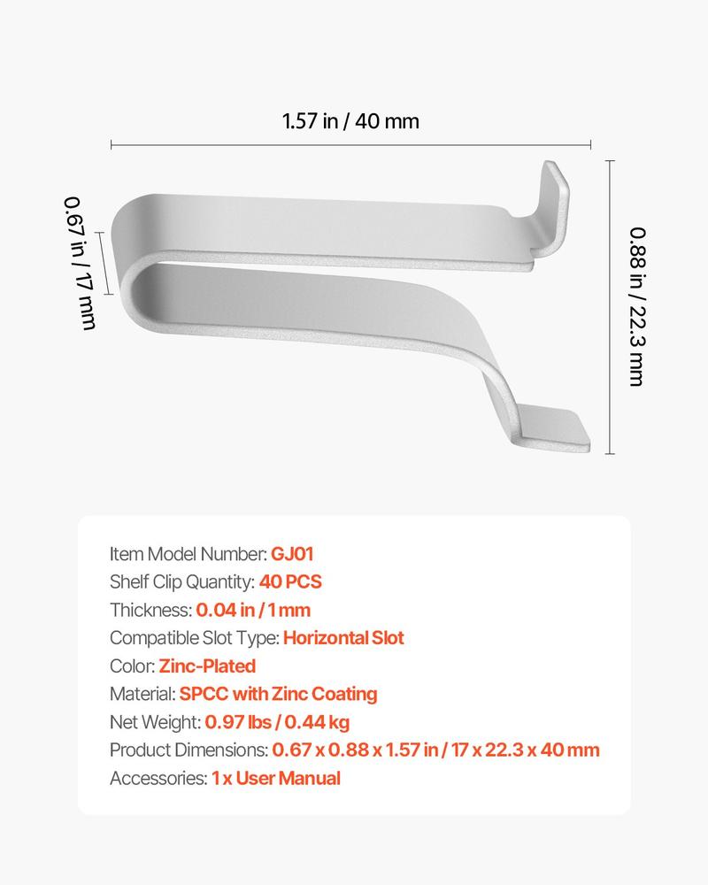 VEVOR Shelf Clips, 40 Pack, Adjustable Steel Pilaster Shelf Clips Support for Metal, Wood, Glass Shelves, Compatible with Wardrobes, Cabinets, Bookcases, Shoe Racks and Display Racks (Silver)