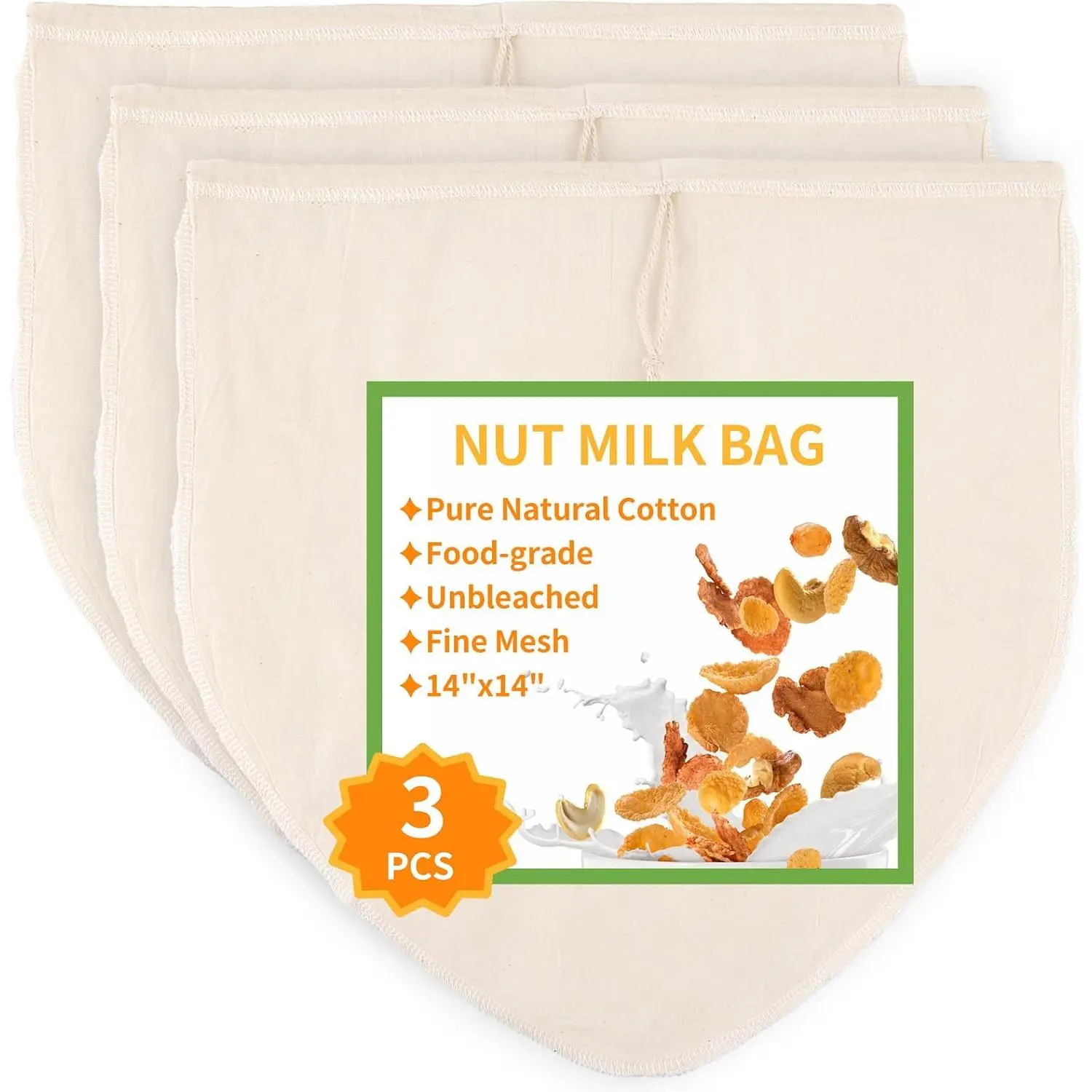 3 count 14"x14" Nut Milk Bag, Cheesecloth Cheese Cloth Bag for Straining |  Unbleached   Strainer Bag for Oat Almond Milk, Cheese Making, Yogurt, Juice, Cold Brew Coffee,