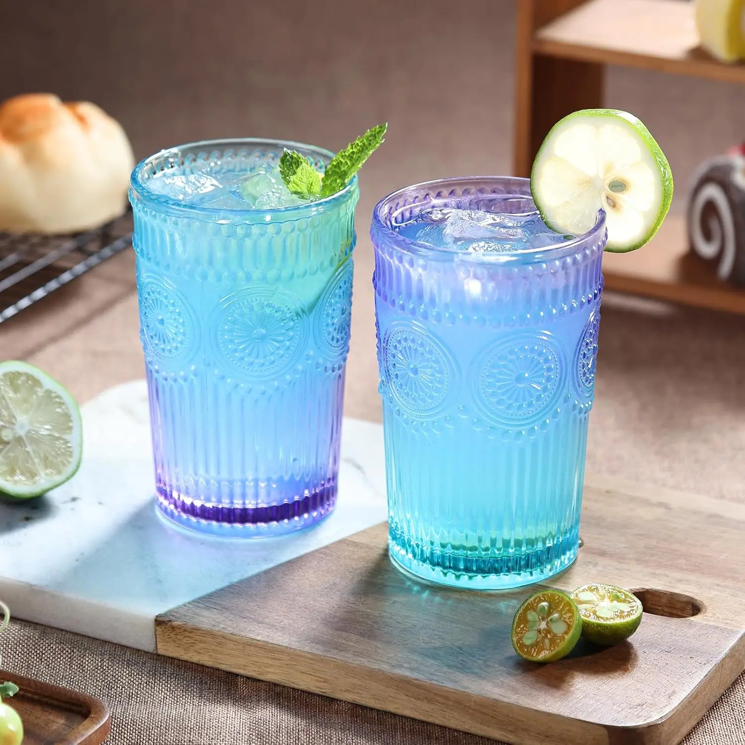6pcs Vintage Drinking Glasses Set, 12 oz Glass Cups, Embossed Ribbed Glassware for Cocktail, Water, Juice, Coffee, Whiskey