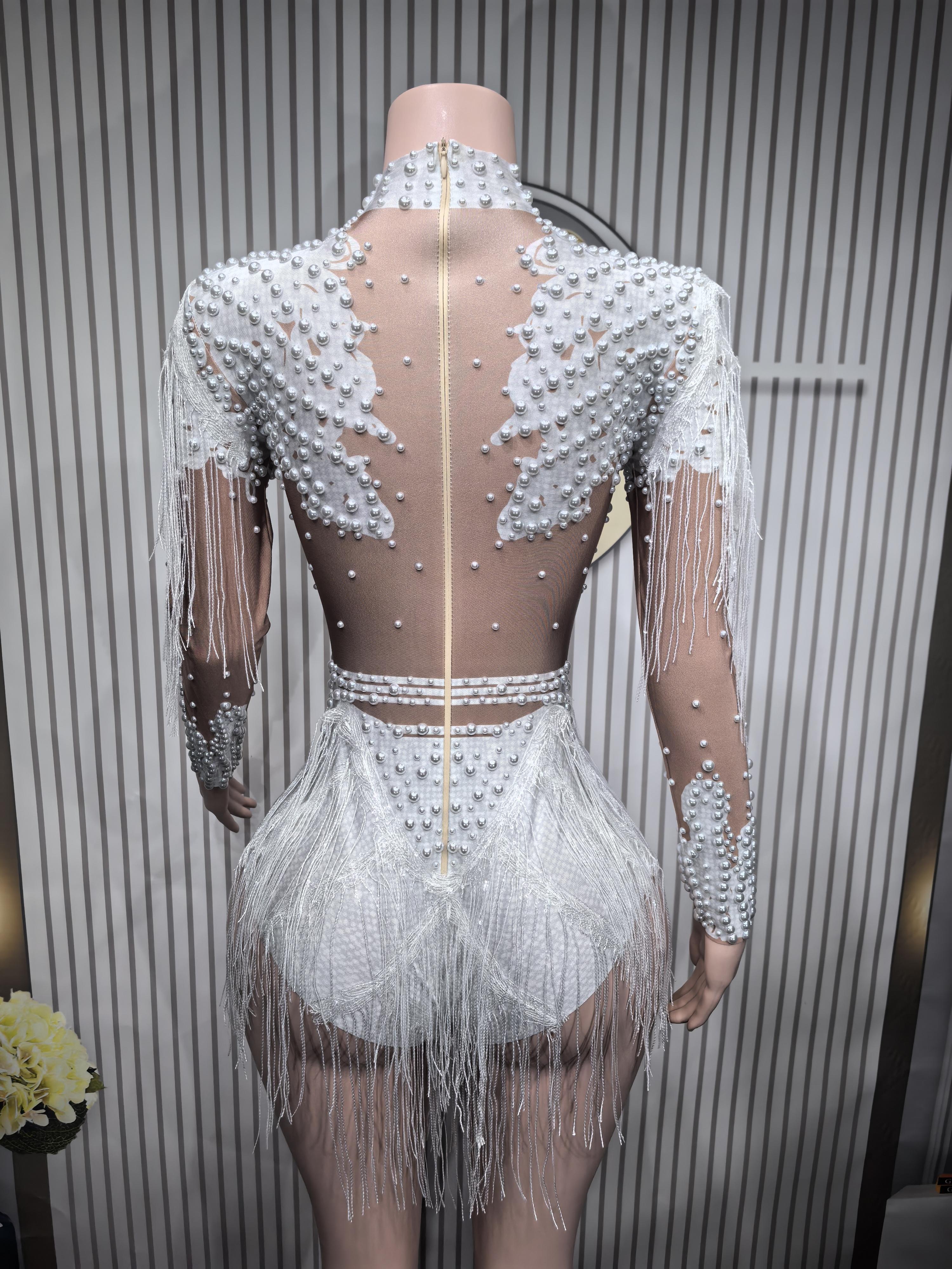 Gold Silver Sequins Tassel Elastic Bodysuit Sex)Pole Latin Dance Stage Wear Nightclub  DJSinger Dancer Performance Costume  Q025