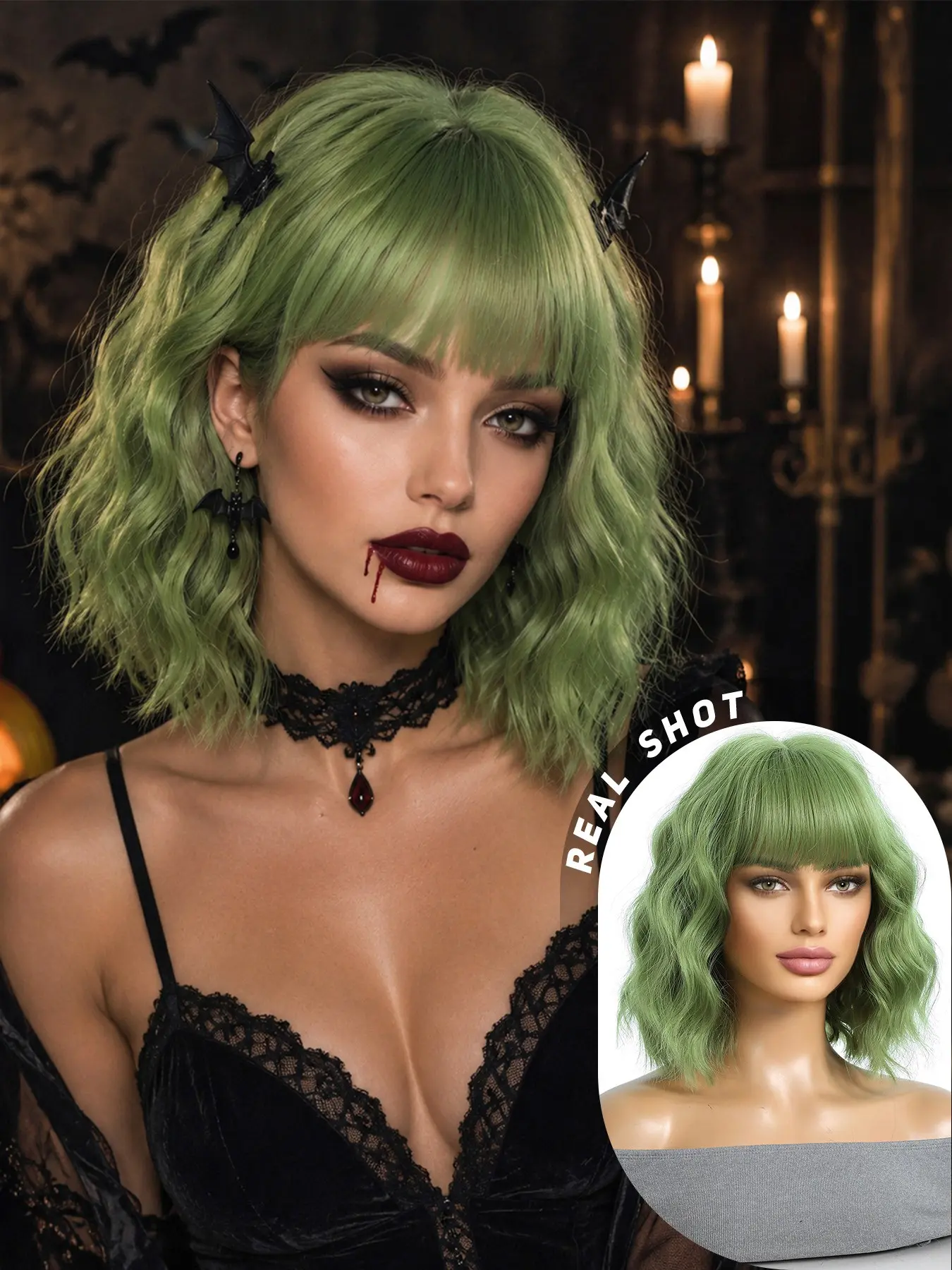 Halloween Mechanic for Women, Short Wavy Mint Bat Vampire Style, Bangs Curly Hair, Cosplay Party Artificial Wig, 14 Inches