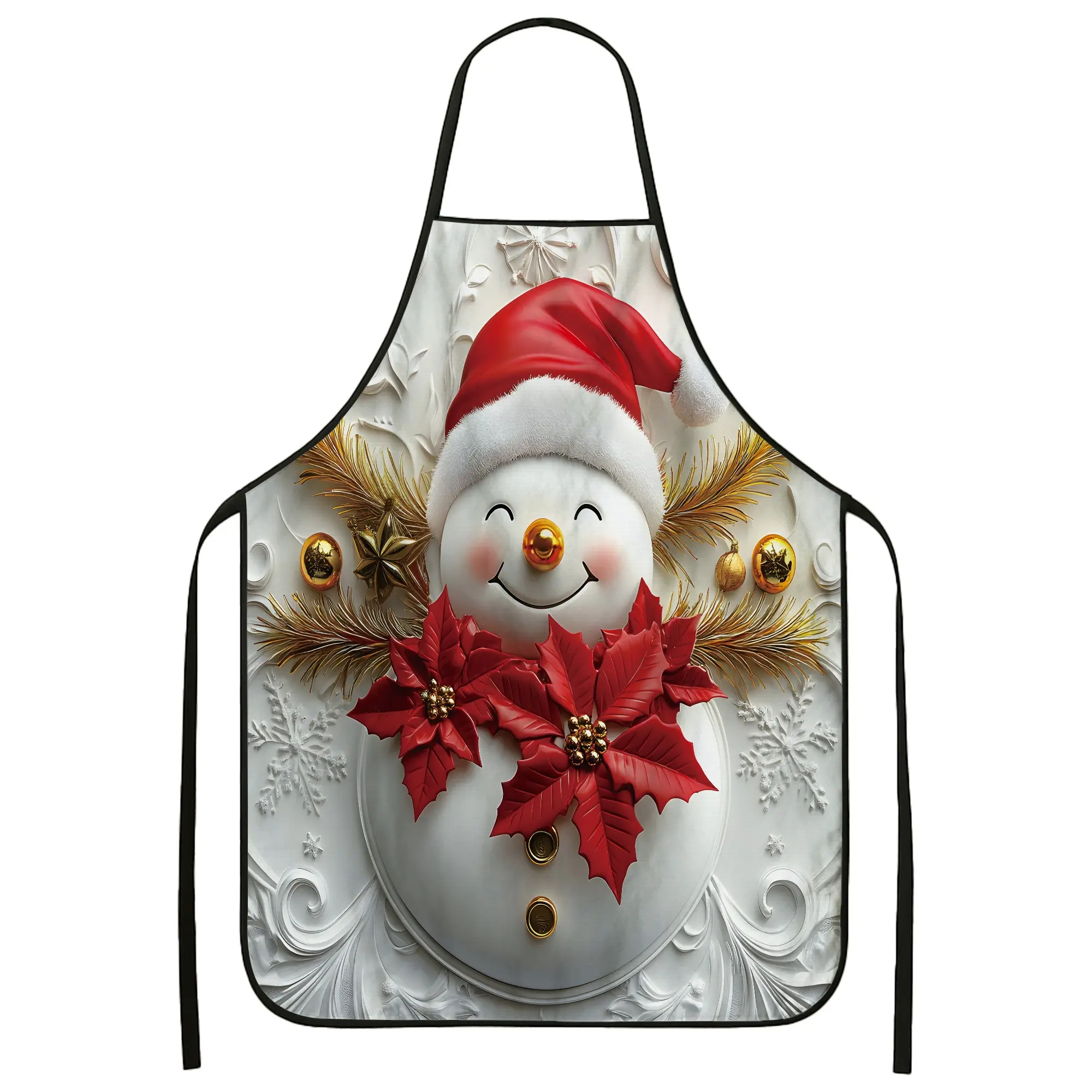Festive Snowman Apron for Cooking, Whimsical Holiday Poinsettia Design Kitchen Apron for Christmas Baking, Adult Chef Work Apron with Cheerful Winter Theme
