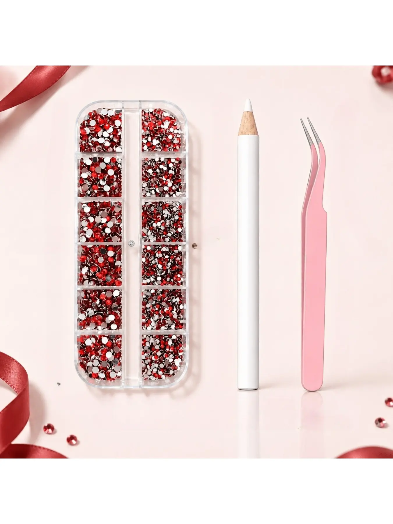 12 grid red flat back rhinestone set, mixed size shiny nail decoration, DIY handmade, shoe, phone case decoration
