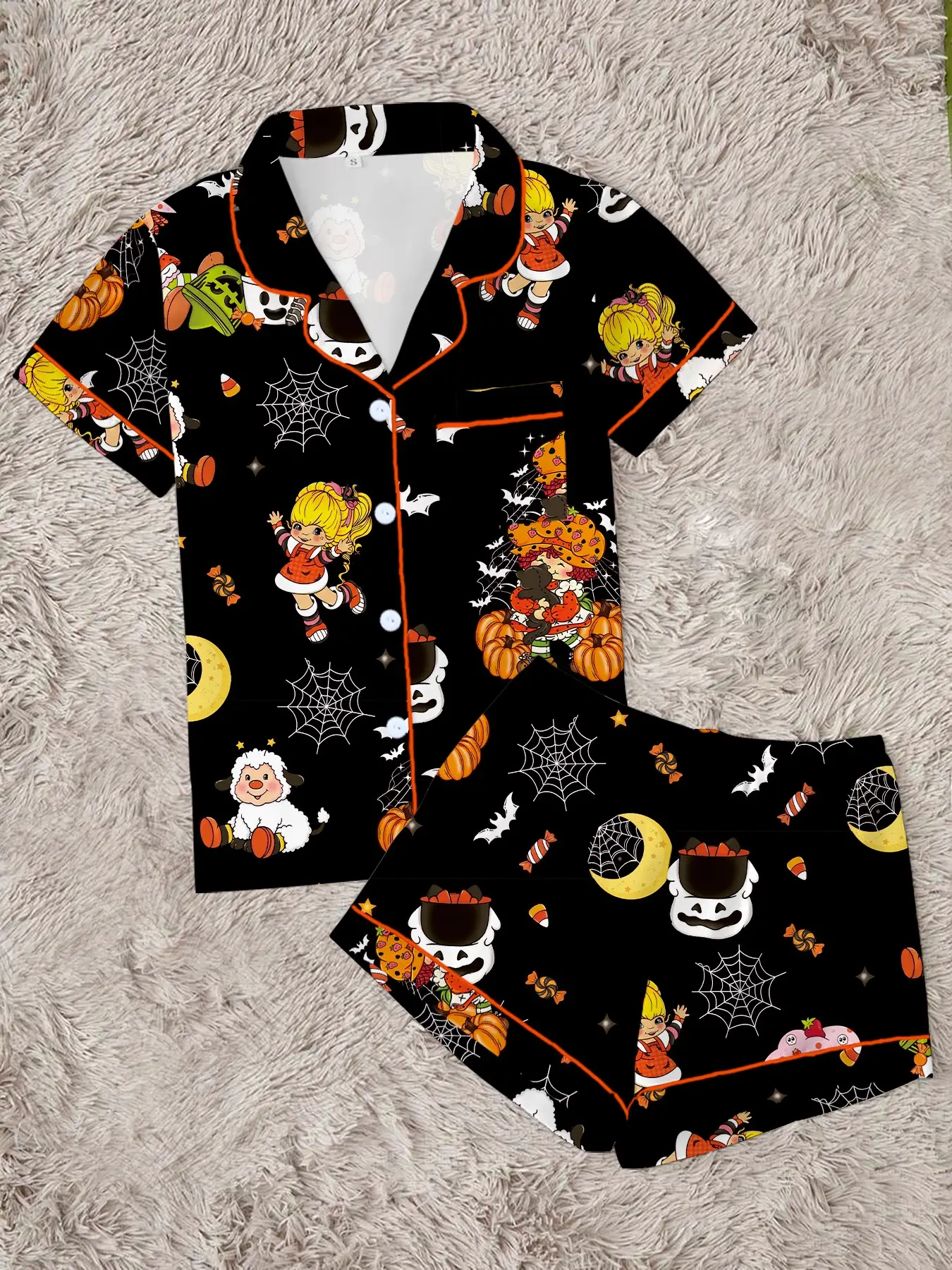 Women's Halloween Cartoon Strawberry Pajama Set, Cute Funny 2-Piece Short Sleeve Sleepwear, Fun Halloween Gift