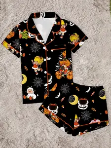 Women's Halloween Cartoon Strawberry Pajama Set, Cute Funny 2-Piece Short Sleeve Sleepwear, Fun Halloween Gift