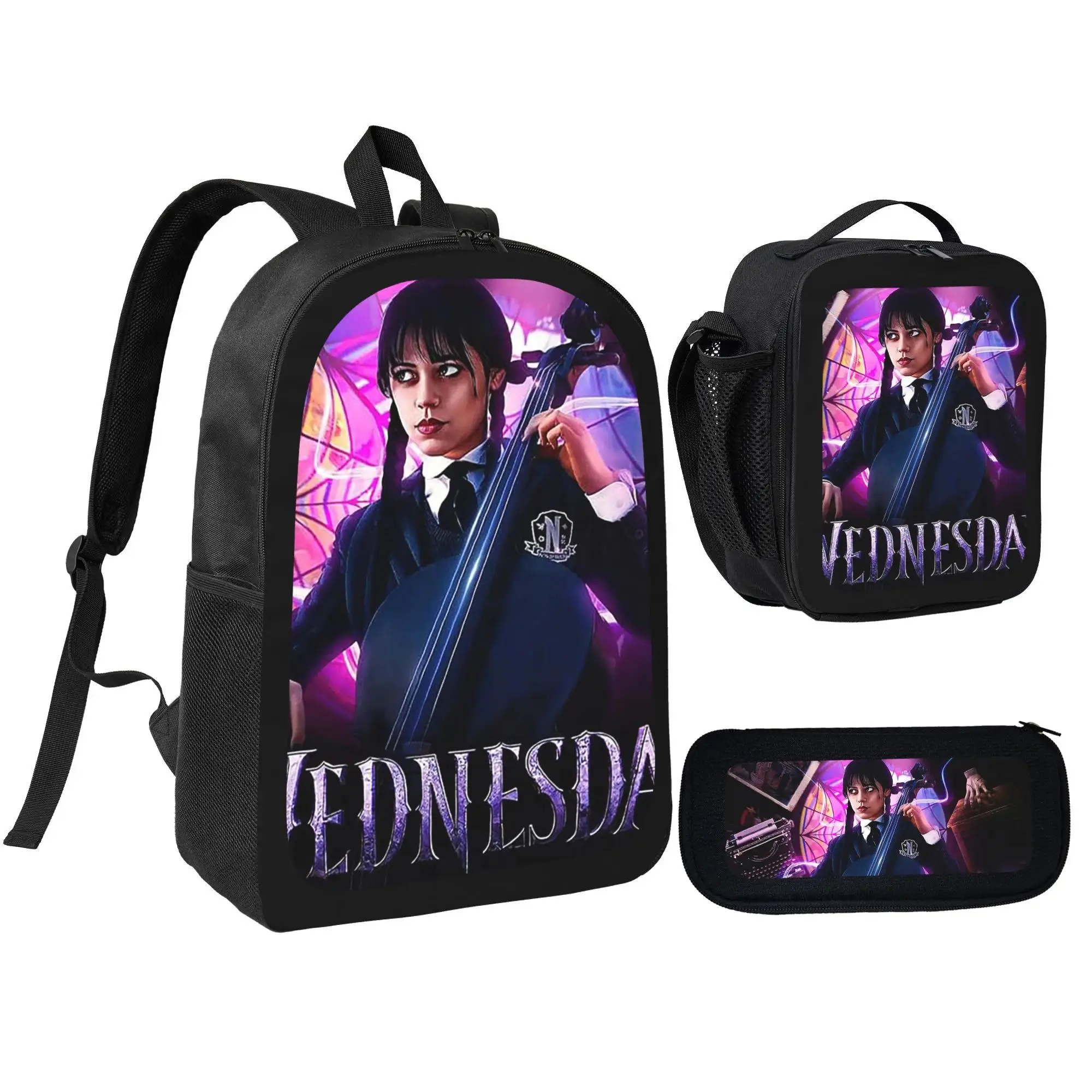Wednesday Fan Gift Set - 3-Piece Backpack, Lunch Box & Pencil Pouch, Durable Polyester, Perfect for Kids, Featuring Iconic Wednesday & Gothic-Inspired Designs