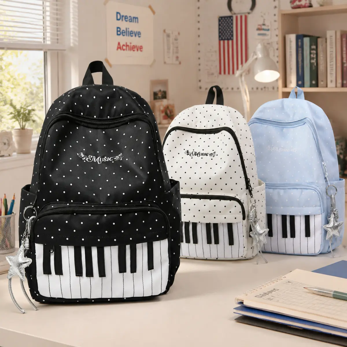 Piano Keys Polka Dot School Backpack - Water Resistant Large Capacity Music Theme Bookbag for Kids & Teens & College Students Back to School