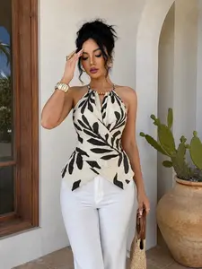 Women'S Wooden Bead Halter Neck Leaf Print Wrap Cami Top, Bohemian Resort Casual Style, Ruched Waist Irregular Asymmetric Hem Slim Fit Sleeveless Blouse For Women For Beach Vacation Daily Shopping And Summer Casual Outfit