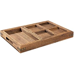 Rustic Wooden Serving Trays with Handle - Set of 7 Rectangular Platters for Entertaining, Breakfast, Coffee Table, Home Decor