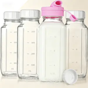 4 Pack 16 oz Square Glass Bottles with Silicone Dispenser Cap, Airtight Screw Lid for Juices, Reusable Drinking Bottles with Capacity Marks, Breastmilk Storage Containers