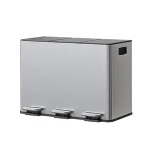 3-Compartment 45L Kitchen Trash Can – Stainless Steel Soft-Close Step Bin for Easy Waste Separation – Removable 15L Buckets, Side Handles, Odor Resistant, Non-Slip Base – Slim Modern Recycling Bin