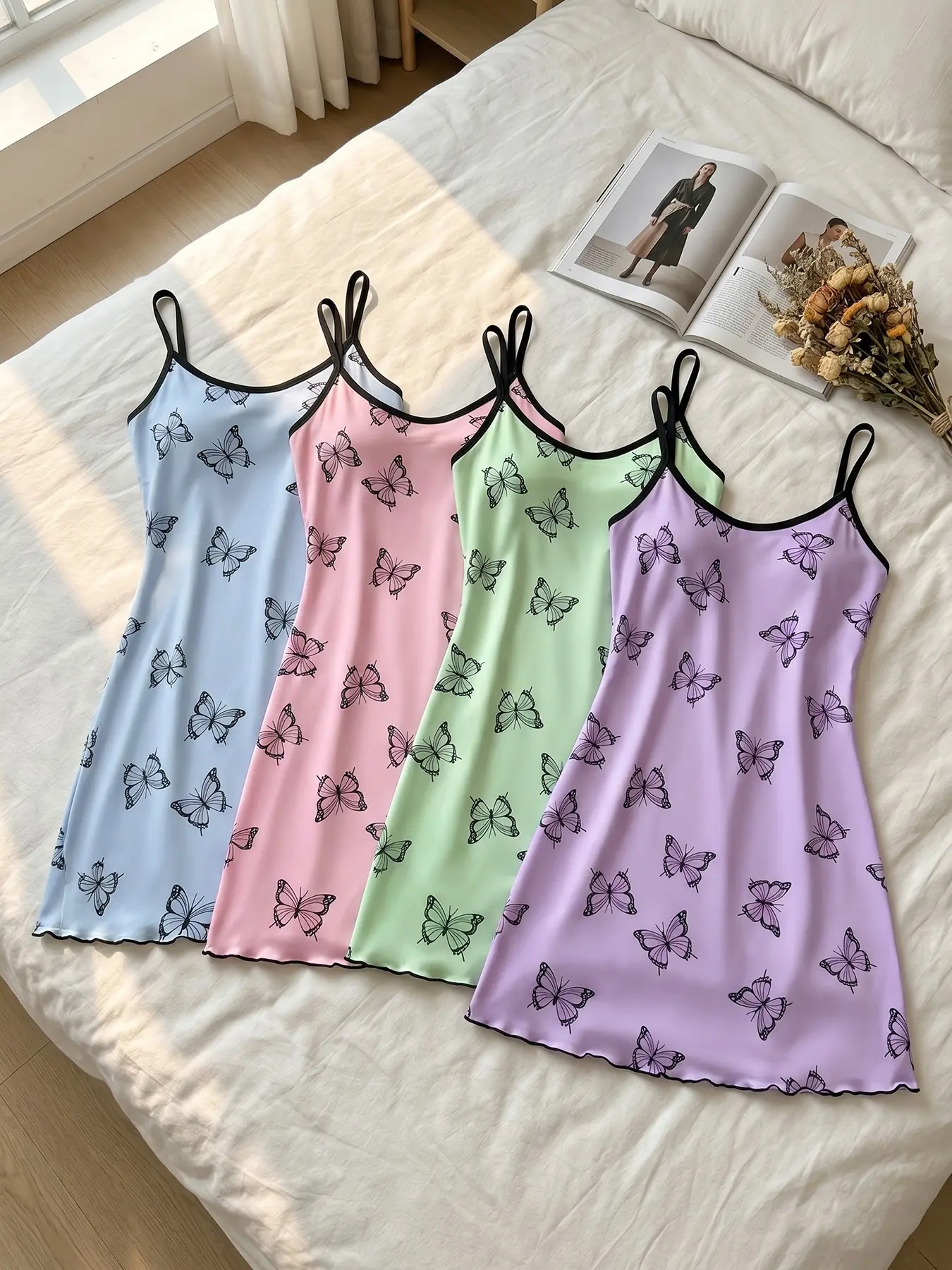 Women's 4 Pack Slip Nightgowns Nightwear, All Season Wear, Versatile Butterfly Print, Daily Versatile Style, Loose Fit, Breathable, For Daily Home Wear, Quick Errands And Home Office