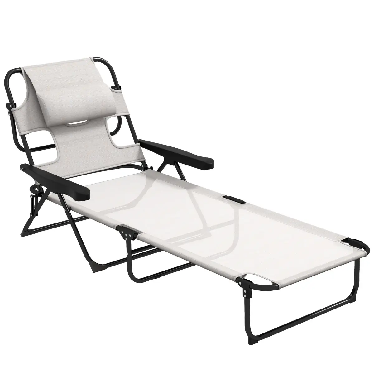 Tanning Chaise Lounge Chair, 4-Position Beach Chair with Face & Arm Holes, Pillow headrest, Adjustable Sunbathing Chair, Cream White