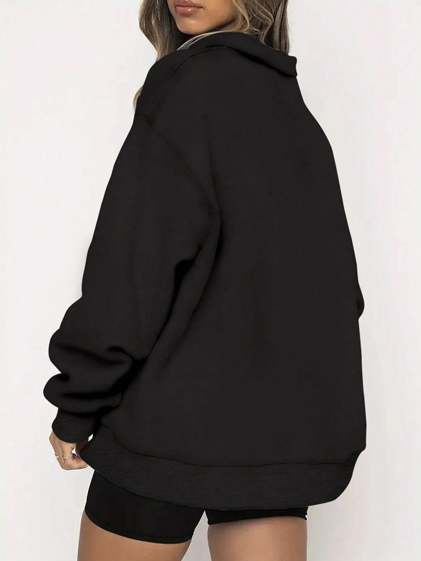 Women's Letter Print Drop Shoulder Half Zip Sweatshirt, Casual Long Sleeve Stand Collar Pullover for Fall & Winter, Women's Clothes for Daily Wear