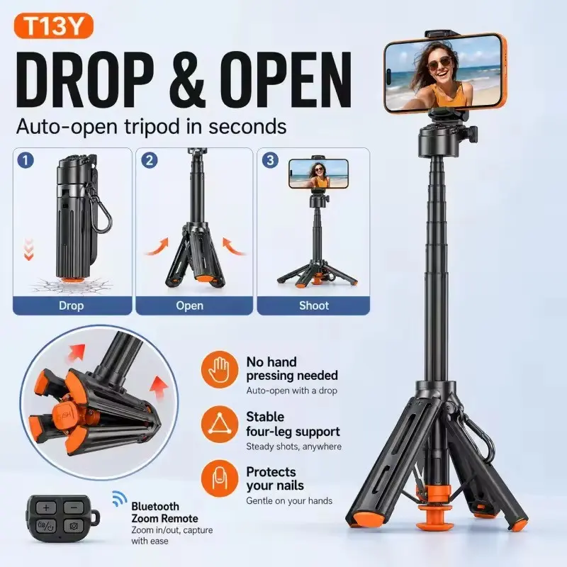T13Y Mini Selfie Stick, 360 Rotation, with Bluetooth Remote, Phone Mount, Ideal for Selfies, Live Streaming, and Videos, Compatible with Most Phone Models,Lightweight, Compact, and Easy to Carry tiktokshopspringglowup summervibes