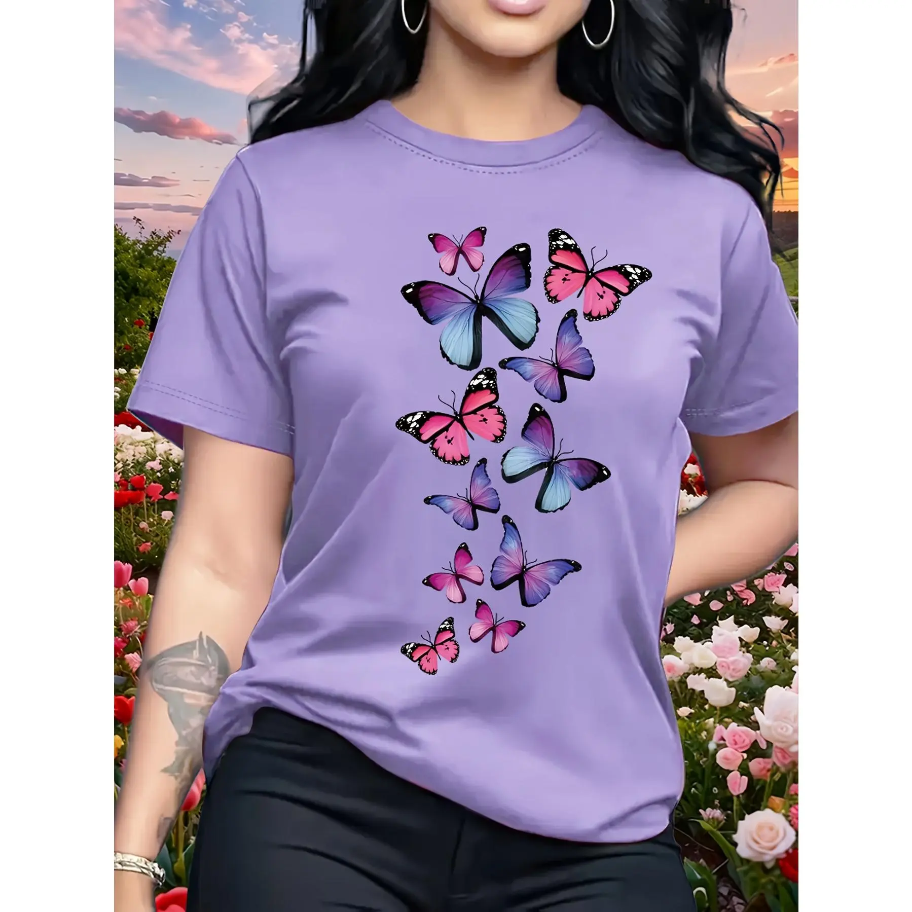 Women's Vibrant Butterfly Print Round Neck Short-Sleeve Cotton T-Shirt - Casual Fashion Clothes, Birthday Gift, Suitable for Outdoor & Indoor Wear, Lightweight Soft Fabric, Sweet, Elegant, Chic