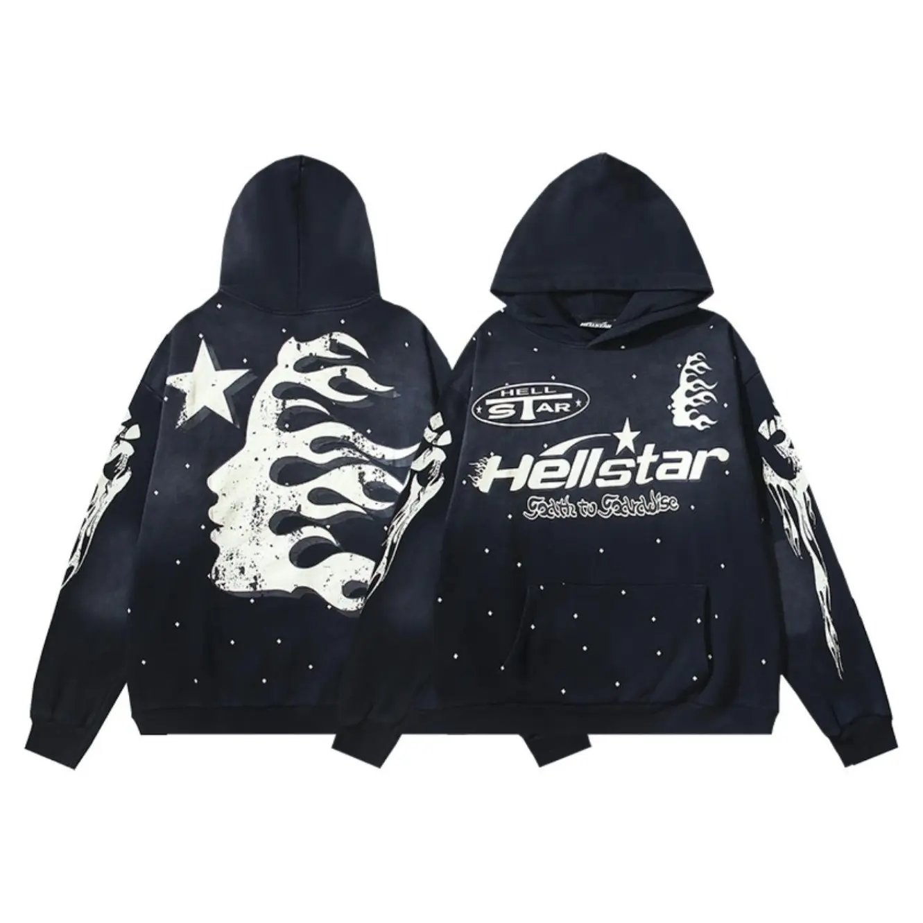 Hellstar Men Vintage Acid Washed Pullover Hoodie Oversized Retro Tour Graphic Print Hooded Sweatshirt, Y2K Hip Hop Gothic Streetwear Casual Tops for Men Teens, Halloween, Music Festival, Concert, Skate & Daily Street Outfit