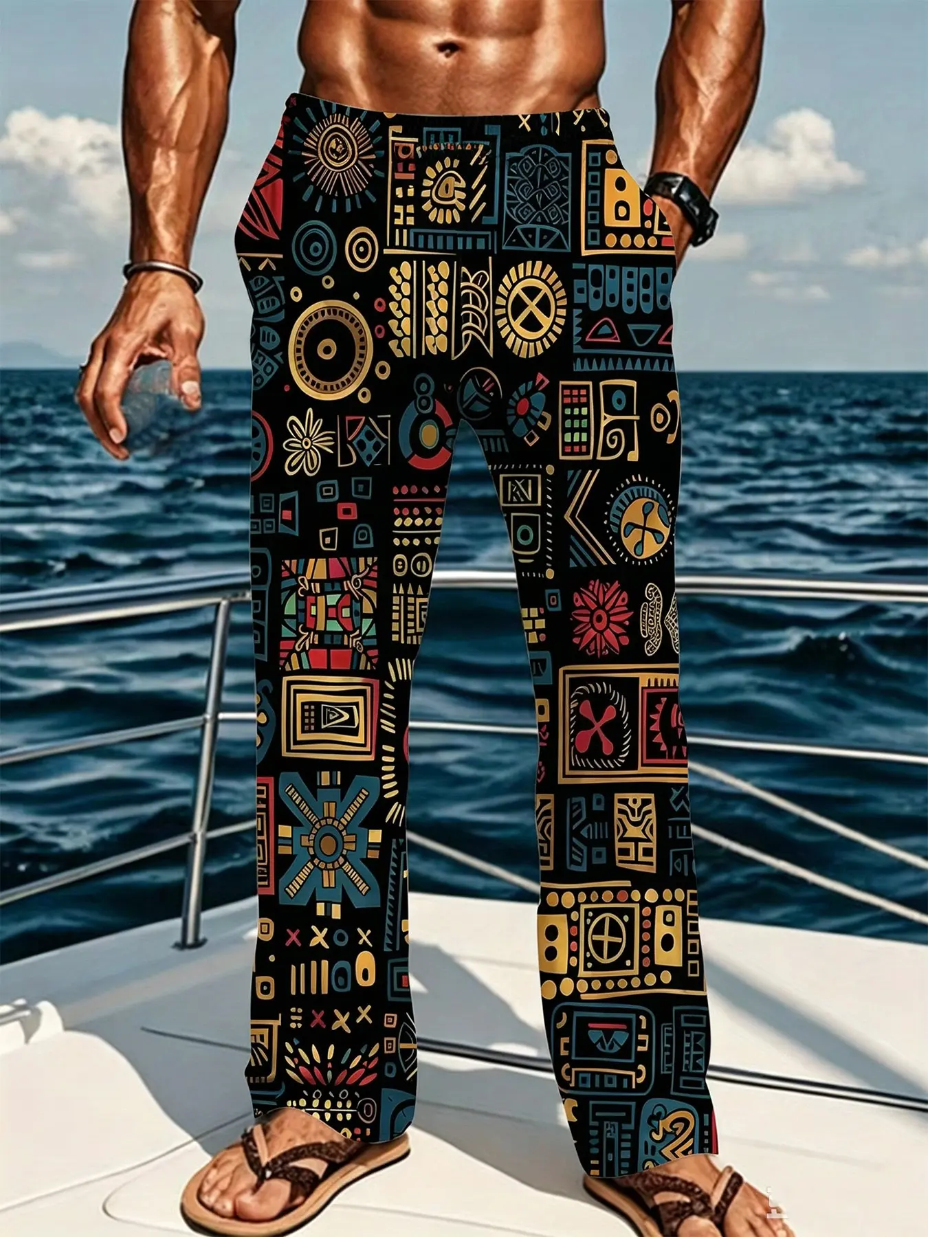 Ancient Maya Tribal Totem Full Print Elastic Waist Men Casual Wide Leg Pants Ethnic Geometric Pattern Vacation Beach Loose Home Loungewear Trousers