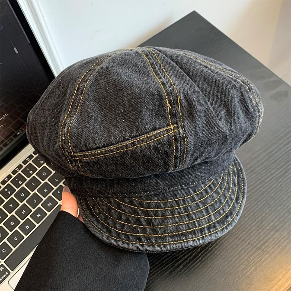 Fashion Vintage Washed Denim Beret Cloud Newsboy Octagonal Cap Visor Artist Peaked Hat Women