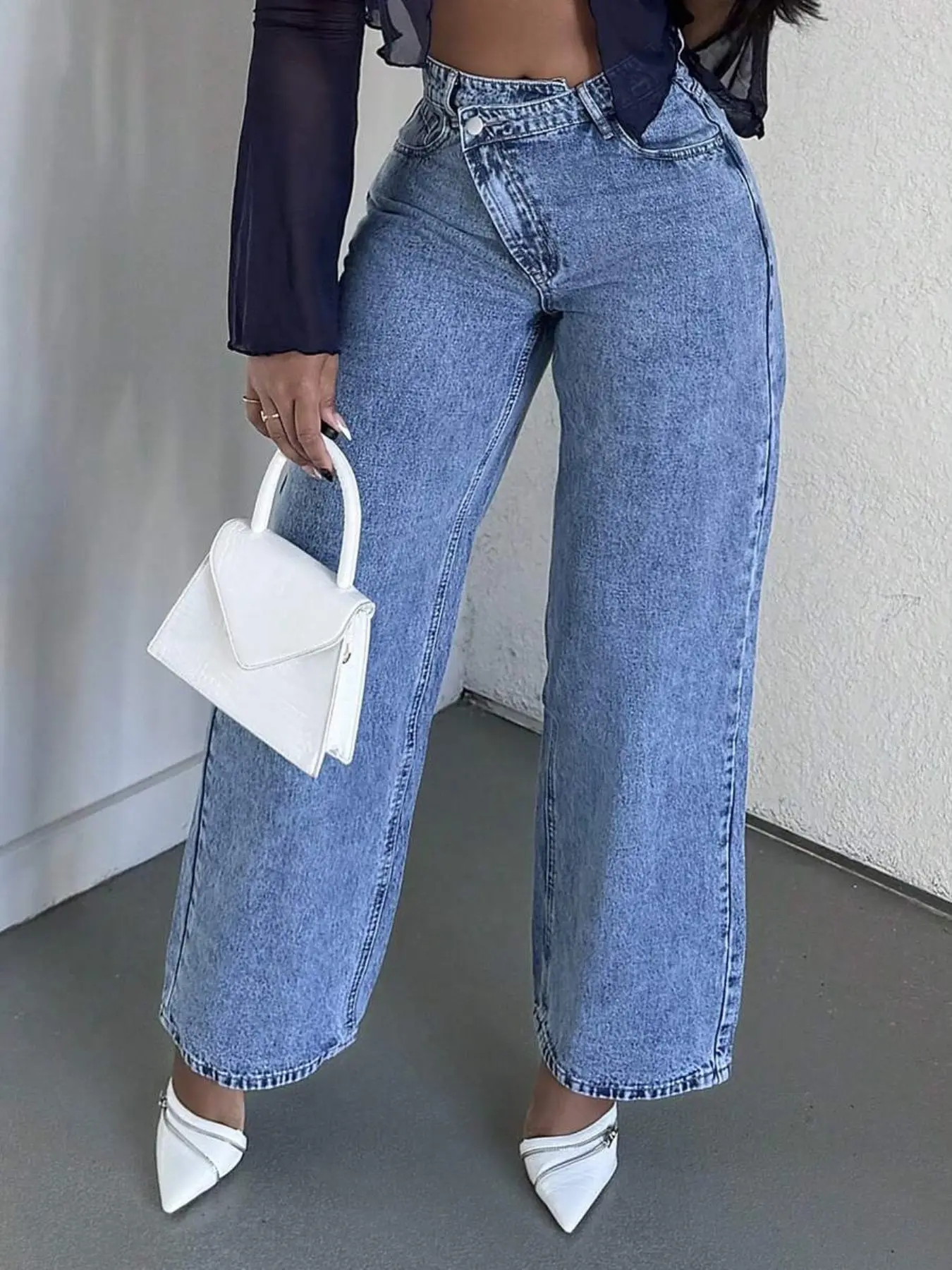 66316# Cross Slant Front Wide Leg Jeans, Casual High Waist Asymmetrical Hem, Loose Fit Straight Leg Denim Jeans, Long Jean Bottoms