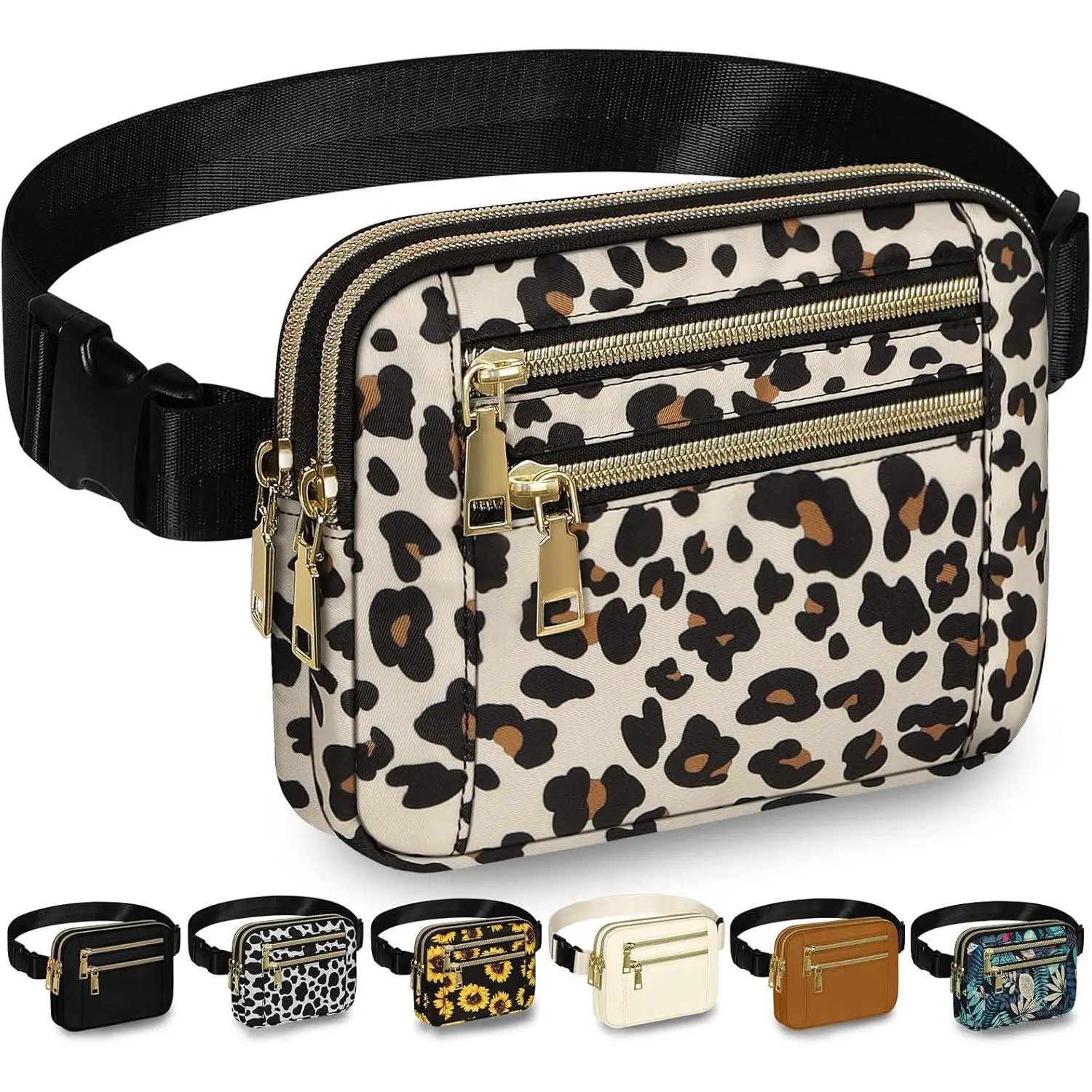 Women's Sturdy Large Universal Modern Leopard Print Eco-Friendly Degradable Polyester Waist Belt Bag - Home Supplies Storage Organizer with Adjustable Strap, 4 Zippered Pockets, Buckle, Extra Foam Padding, Waterproof for Outdoor Workout, Outfits