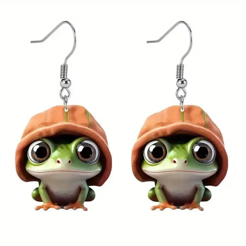 Cute Adorable Small Frog 2D Acrylic Earrings, Spring Summer Animal Creative Design Earrings, Fun and Interesting Jewelry