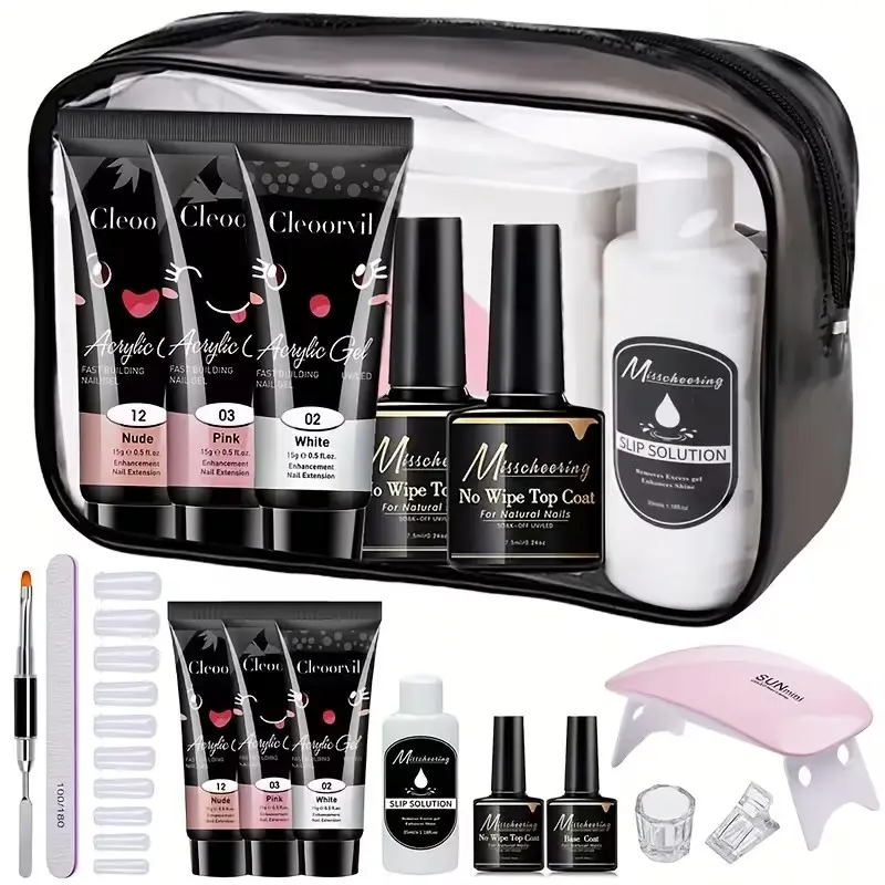 15ml Poly Nail Gel Extension Kit, 12pcs/Set with Nail Forms, Brush, Crystal Nail Extension Gel, Nail Starter Kit, Mini Acrylic Brush Cleaning Cup, Professional Nail Art Tool Kit Manicure DIY Nail Art