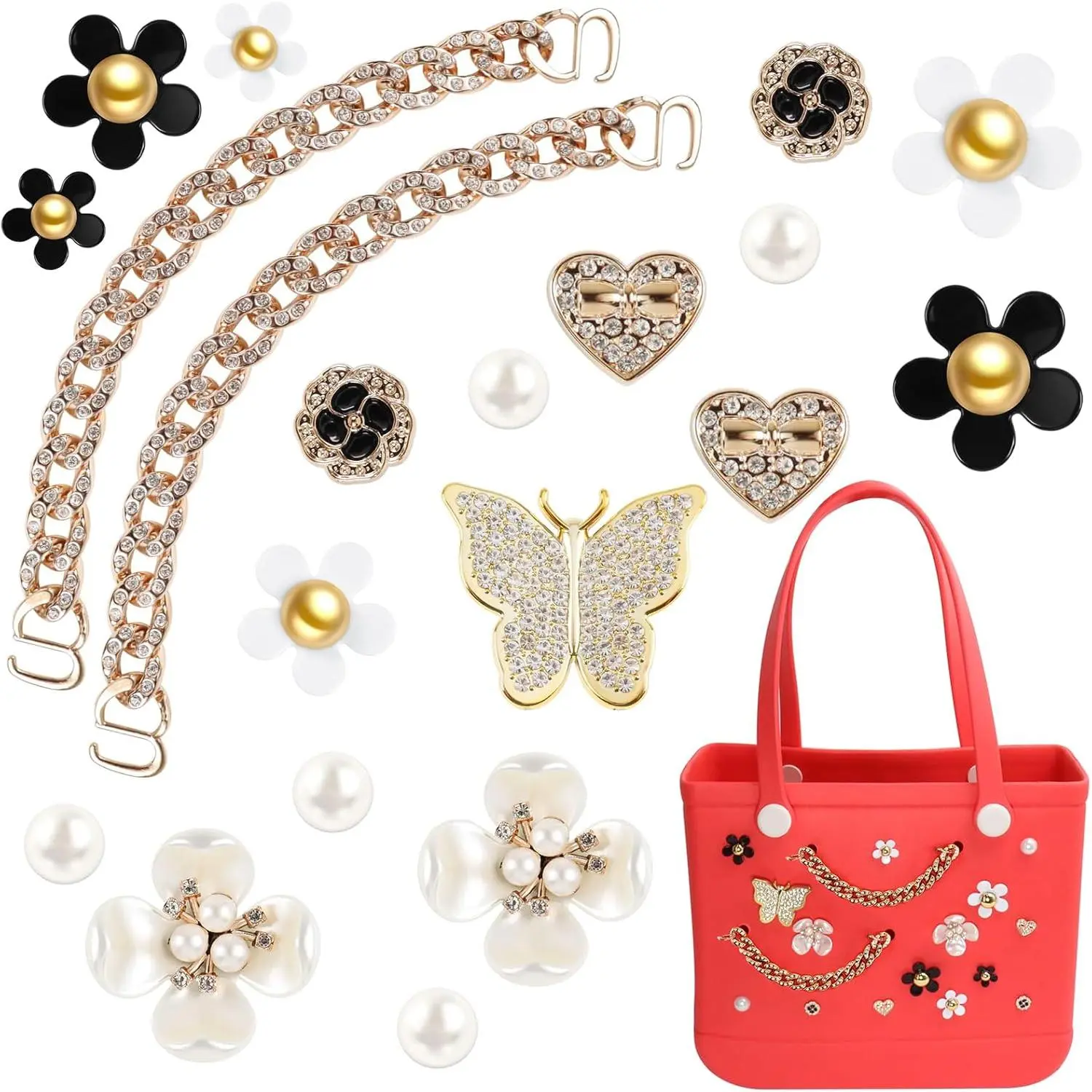 Charms for Bogg Bag,Pearls and Butterfly Flowers for Bogg Bag Accessories Charms Compatible with Simply Southern Beach Bag Tote, Insert for Beach Tote Bag
