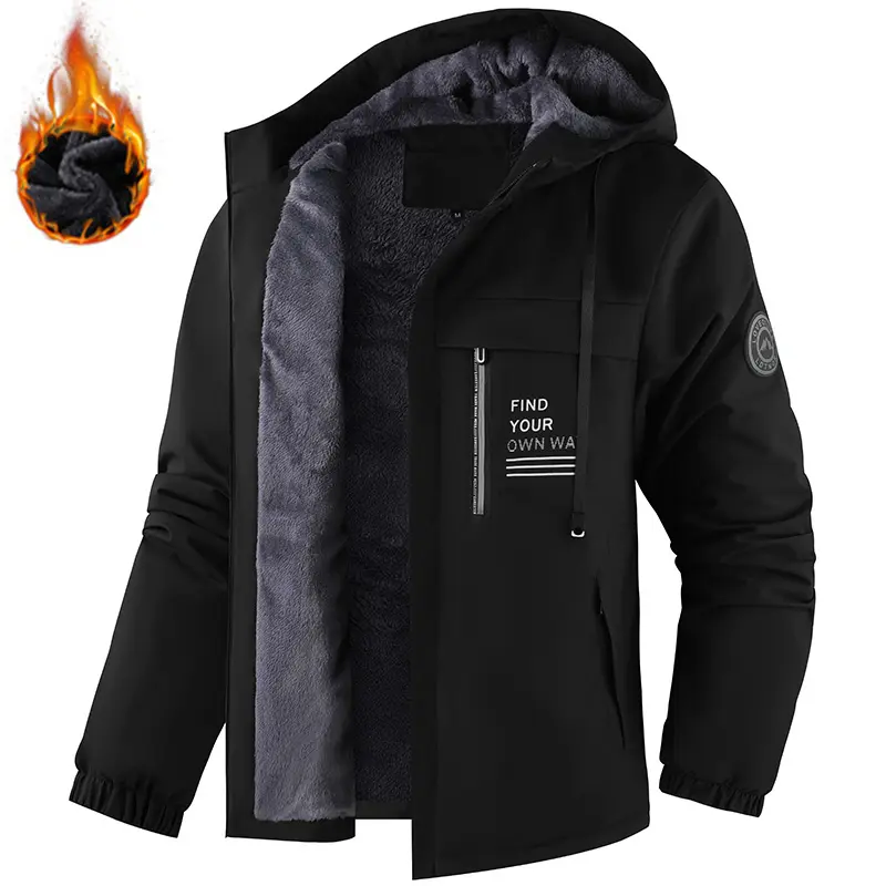 Men fleece lined hooded outdoor jacket, thick plush inner lining, multi zipper pockets, adjustable drawstring hood, windproof warm coat for hiking, travel and cold daily wear.