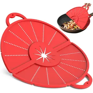 12" Silicone Splatter Screen for Frying Pan, Foldable Heat-Resistant Non-Stick Grease Splash Guard, BPA Free Dishwasher Safe, Can be Used as Trivet Mat - Red