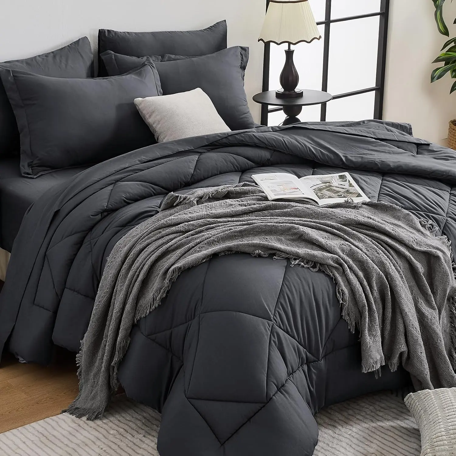 Full Comforter Set - 7-Piece All Season Bed in a Bag Full, Ultra Soft Bedding Set with Comforter, Flat Sheet, Fitted Sheet, Pillowcases, Pillow Shams, Dark Grey