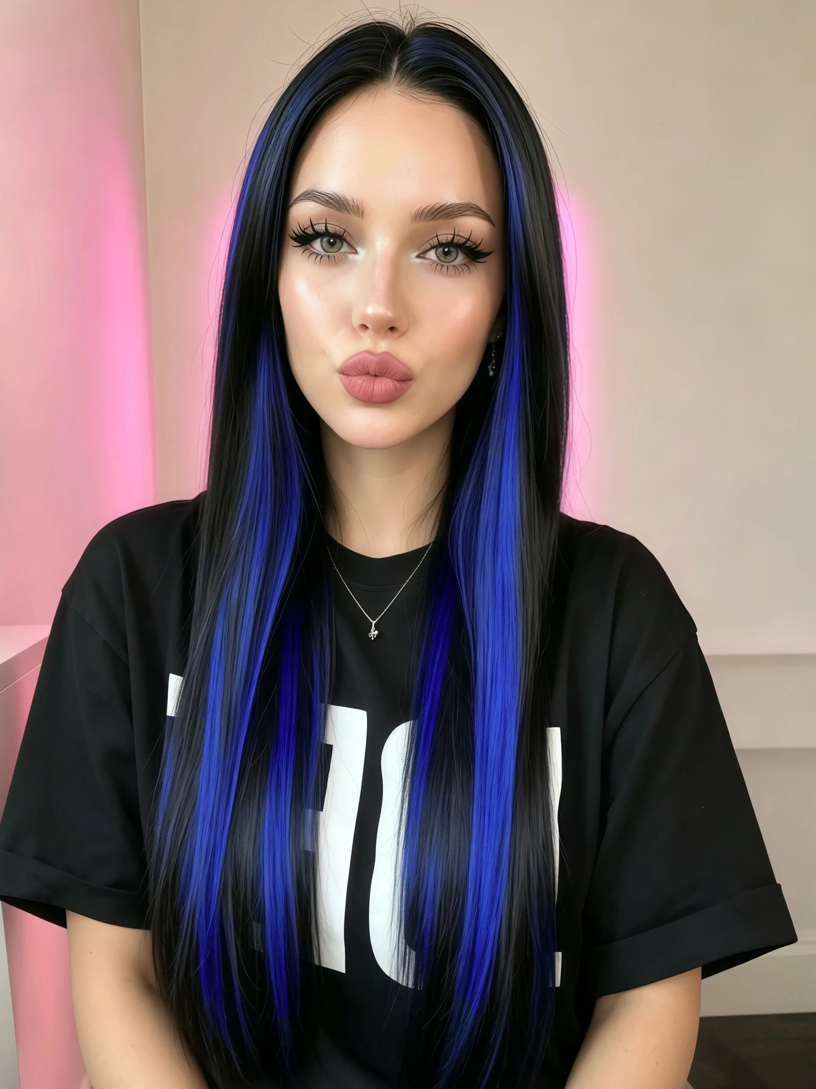 Black Blue Highlight Straight Lace Front Wig 13x4 HD Transparent Lace Frontal Synthetic Fiber Wigs Synthetic Hair Wigs for Women Photoshoot Party Cosplay Stage 28 Inch