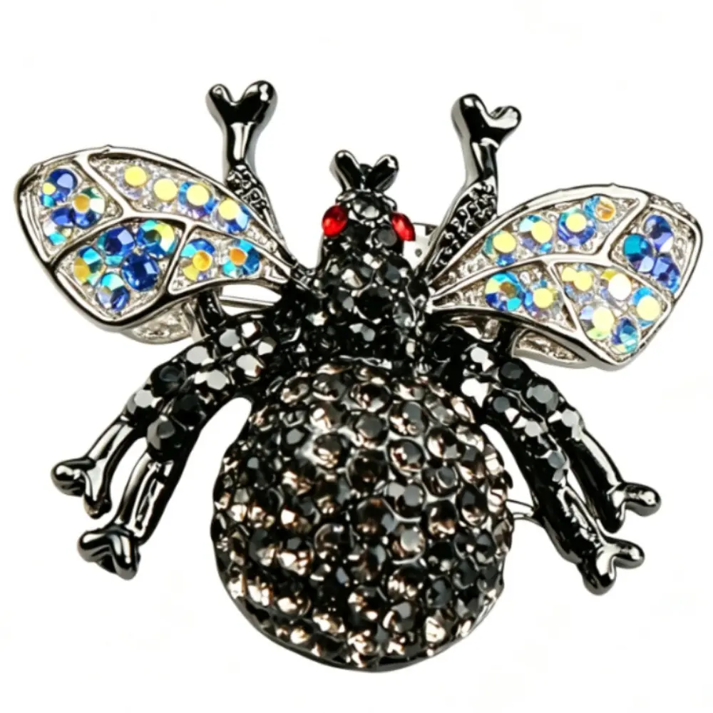 Black Rhinestone Bee Brooch Unisex Iridescent Wing Insect Lapel Pin