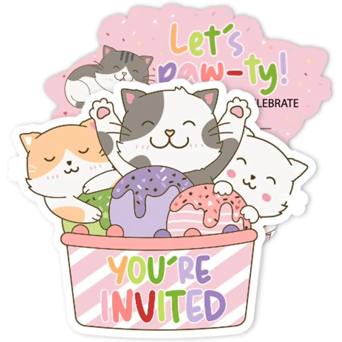 Let's Pawty Birthday Party Invitations, Cats Donut Party Invitations Card for Boys Girls (30 Cards & 30 Envelopes)