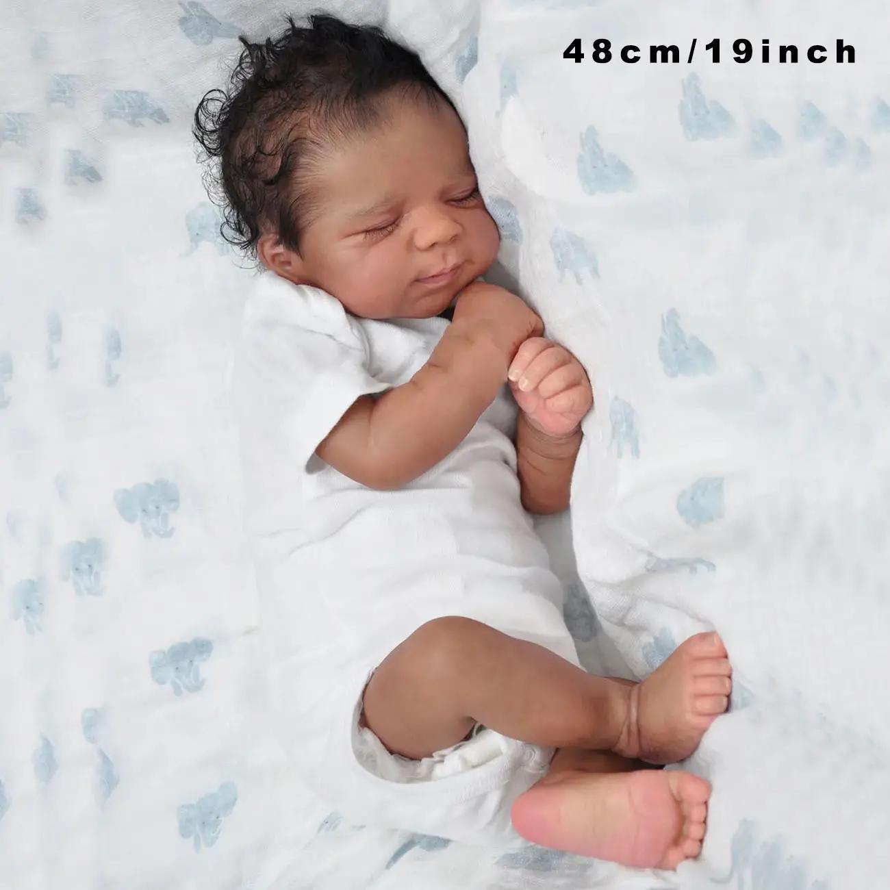 19 Inch Realistic Reborn Baby Doll, Lifelike Realistic Newborn, Gorgeous Doll, Reborn Doll Baby Dolls, Soft Vinyl Black Skin Sleeping Doll with Short Sleeve Crawling Clothes, Birthday Gift for Kids