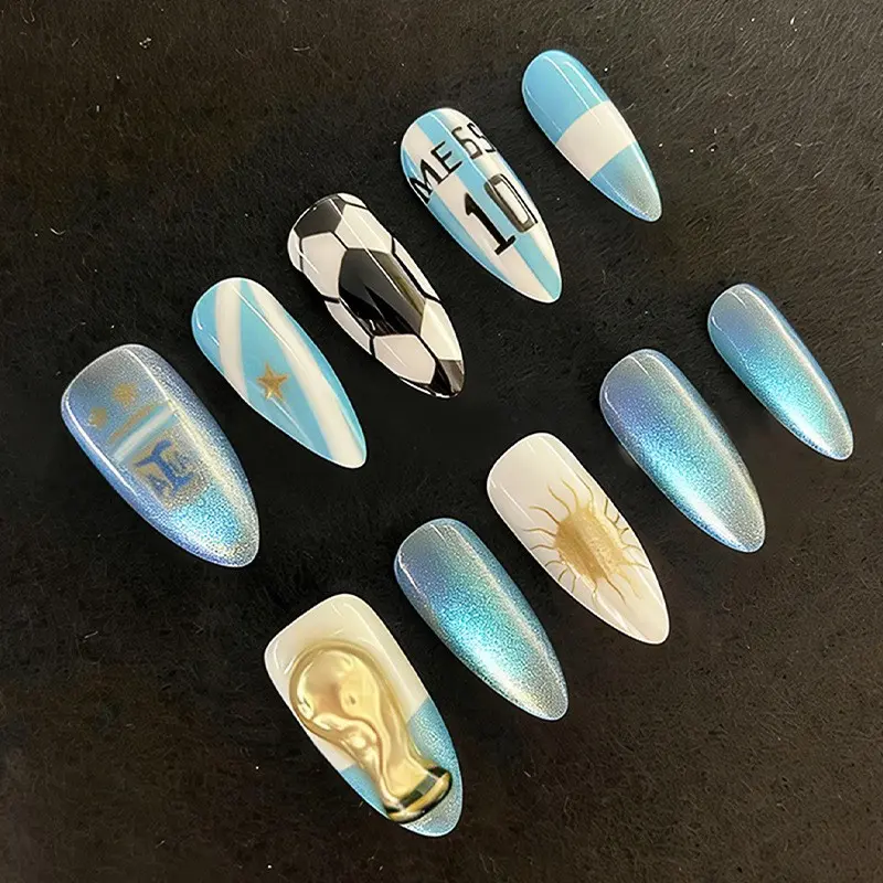 Press On Nails 24PCS Long Almond Y2K Sport Blue Soccer Theme Chrome Gradient Star Number 10 Fake Nails Acrylic Nails Reusable Acrylic False Nails Summer Party Daily Wear 1 Jelly Glue & 1 Nail File