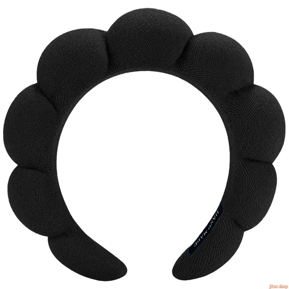 Women's Puffy Terry Cloth Spa Headband - Absorbent, Adjustable, Stretchy Band, All-Season Face Wash Hair Accessory, Y2K Coquette Self-Care Black Female Headband for Sports Use