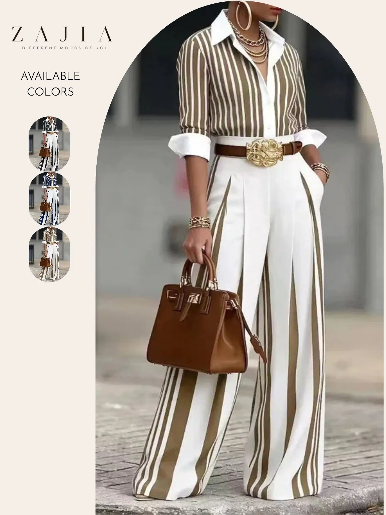 Women’s 2 Piece Striped Outfit Button Down Shirt & Wide Leg Pants Casual Matching Set Long Sleeve Office Work Chic Outfit