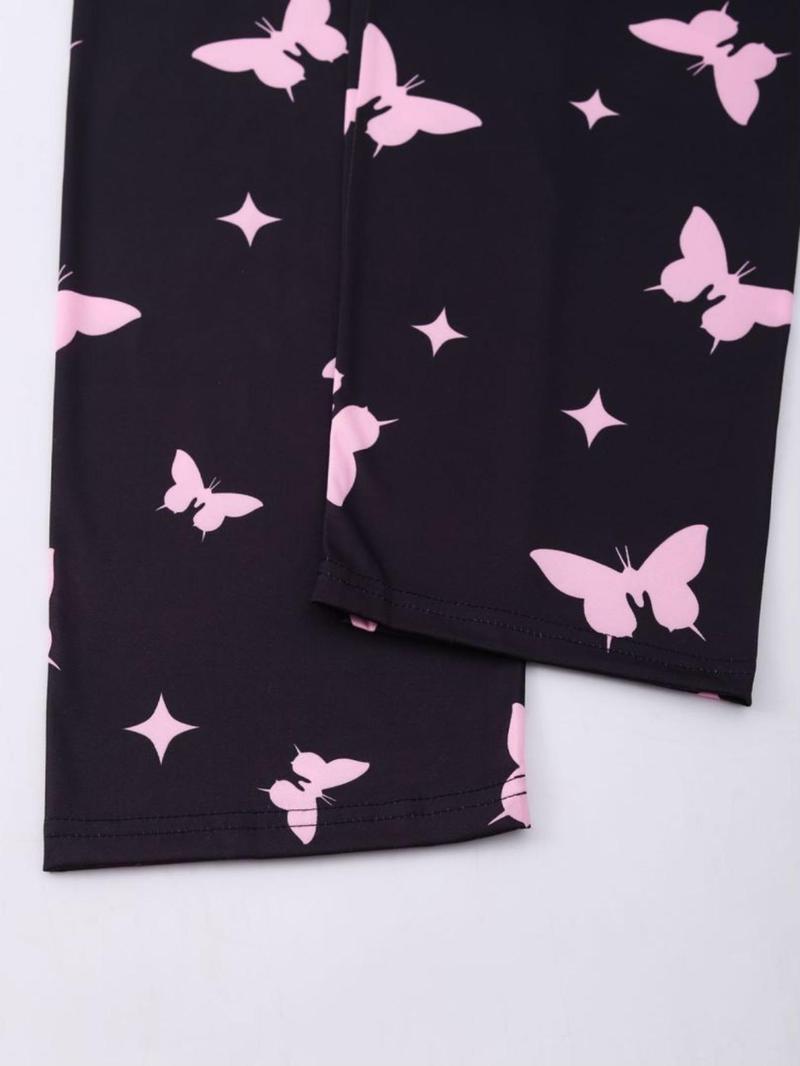 Women's Butterfly & Heart Print Tee & Elastic Waist Pants Pyjama Set, Casual Comfy Round Neck Short Sleeve T-shirt & Trousers PJ Set, Ladies Sleepwear for All Seasons, Sweetheart Pajama Set