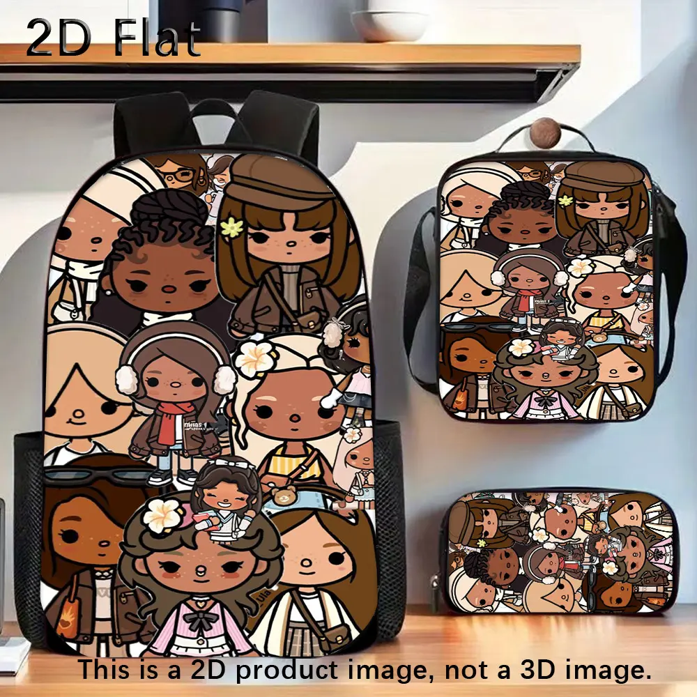 Unisex Kids' 3-Piece Oxford Cloth Casual Backpack Set - Spacious Lunch Bag, Pencil Case, Toca Boca Diverse Fashion Collage Avatars Inclusive Art Print, Breathable Padded Straps for School/Play