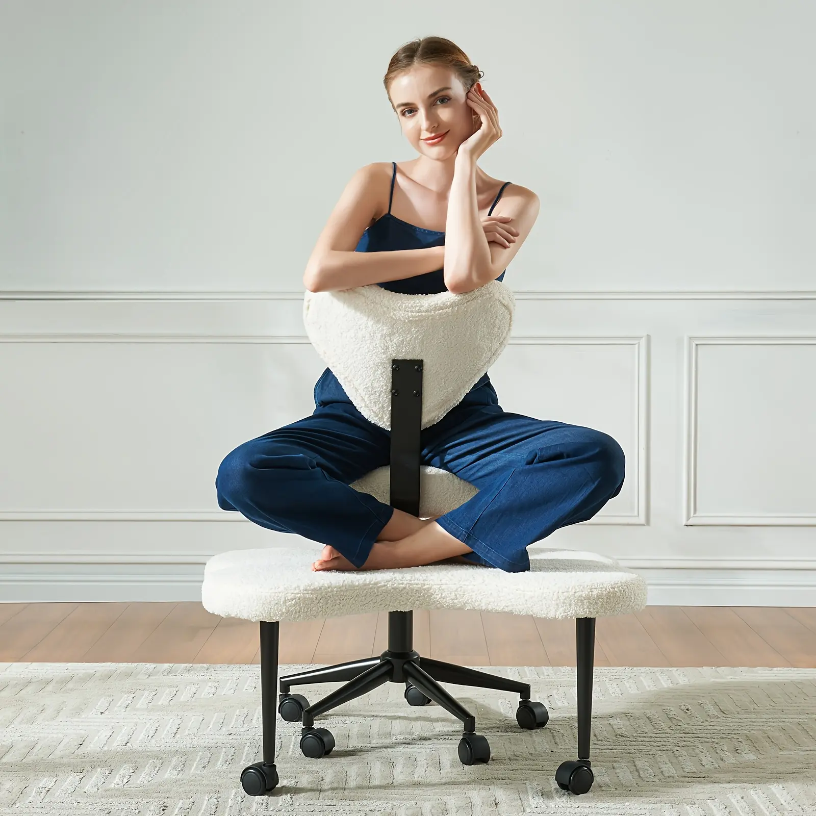 Cross Legged Chair - Meditation Chair With Wheels, ADHD Chair, Height Adjustable Seat, Adjustable Stool, Ergonomic Back Support, Flexible Design, Velvet And Faux Leather Black, Perfect Christmas Gift For Fidgety Sitters And Yoga Lover